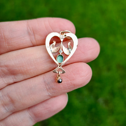 Antique Art Nouveau 9ct Gold, Turquoise and Seed Pearl Heart Pendant