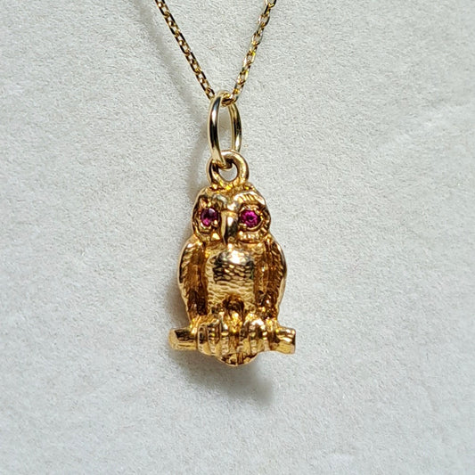 Vintage 9ct Owl Charm with Pink Gemstone Eyes, 1957