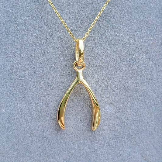 Solid 9ct Yellow Gold Lucky Wishbone Pendant - New