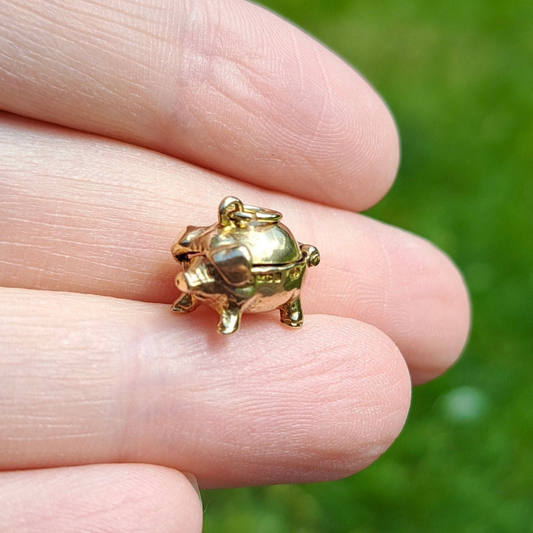 Vintage 9ct Gold Opening Piggy Bank Charm with Coins Inside, 1959