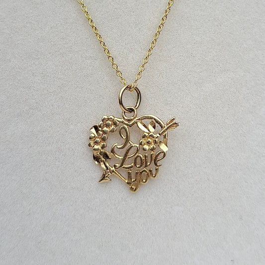 Vintage 9ct Gold "I LOVE YOU" Floral Heart Pendant, 1990s, by OroAmerica