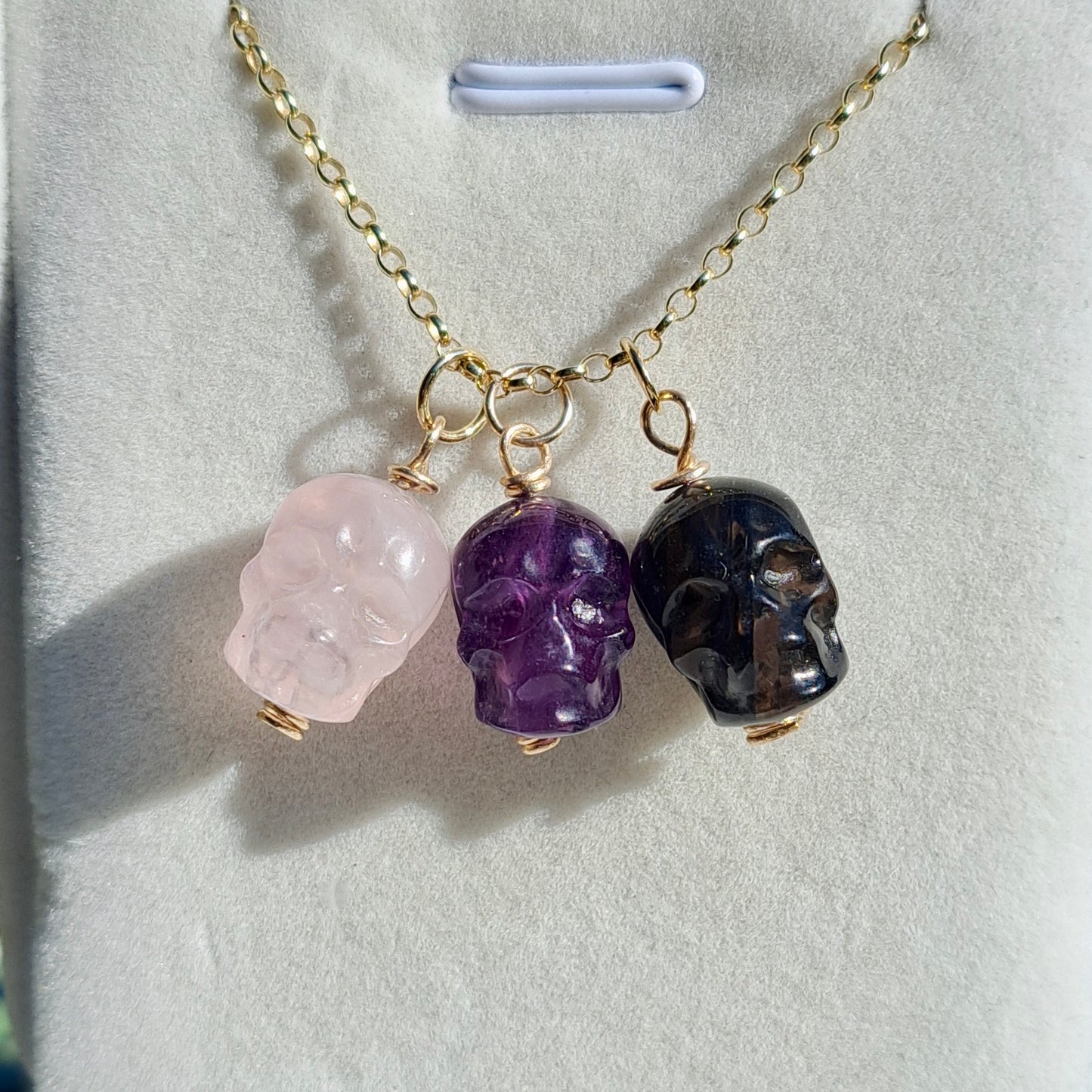 9ct Gold Gemstone Skull Charms, Amethyst, Rose Quartz, Black Obsidian