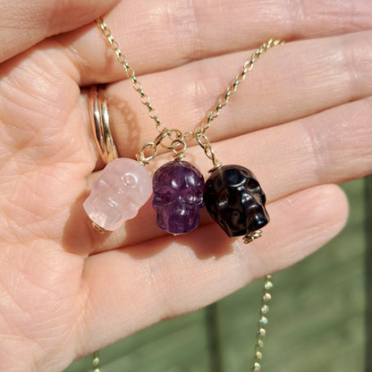 9ct Gold Gemstone Skull Charms, Amethyst, Rose Quartz, Black Obsidian